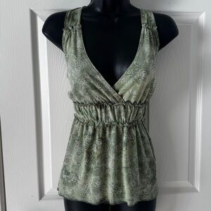 Women’s vintage green Y2K Runched fairy floral print asymmetrical top Size M